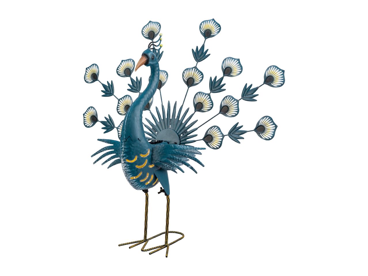 Decorative metal peacock with fanned tail feathers and yellow accents.
