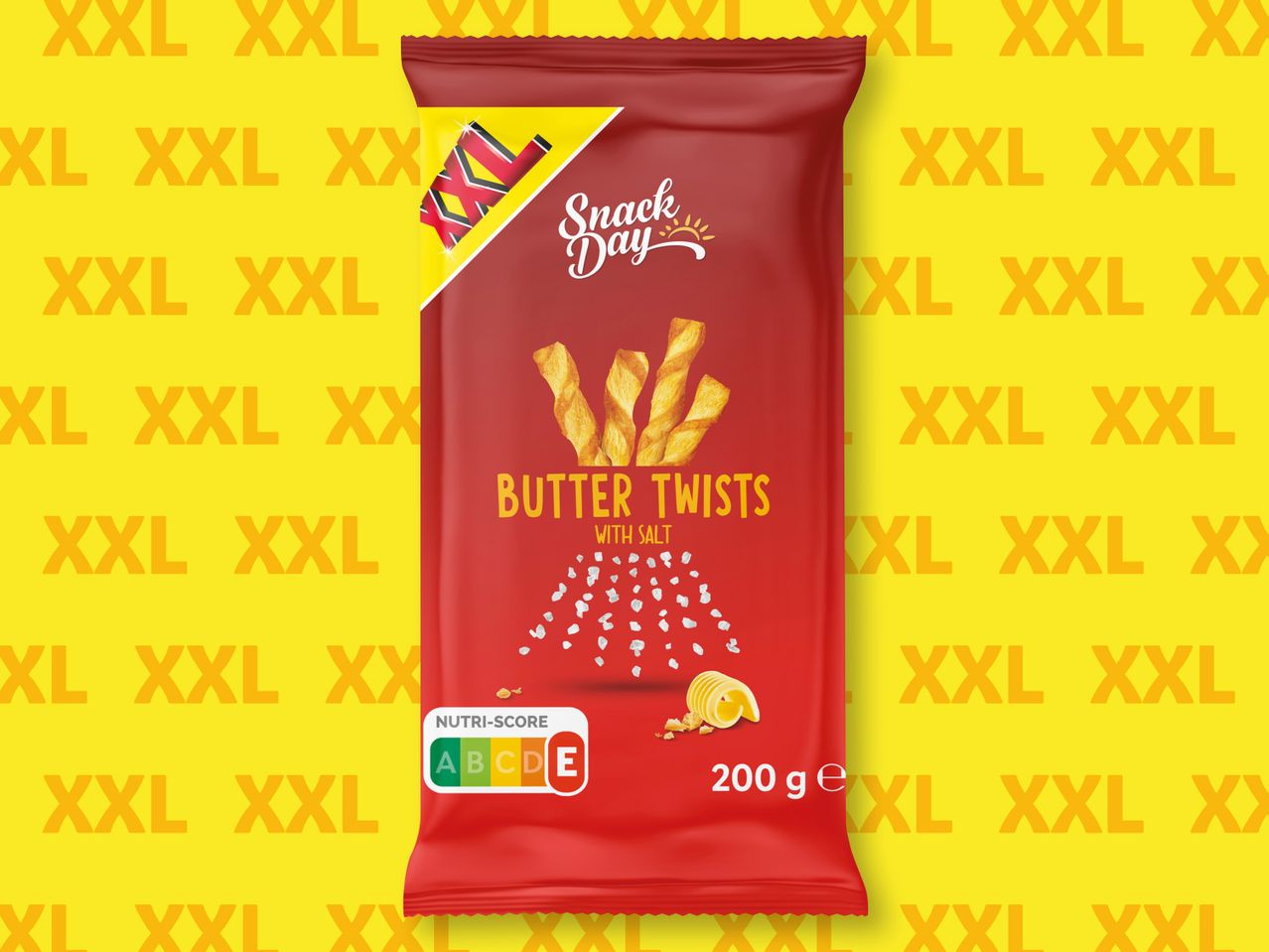 Опаковката на Snack Day показва XXL пакетче с Butter Twists със сол.