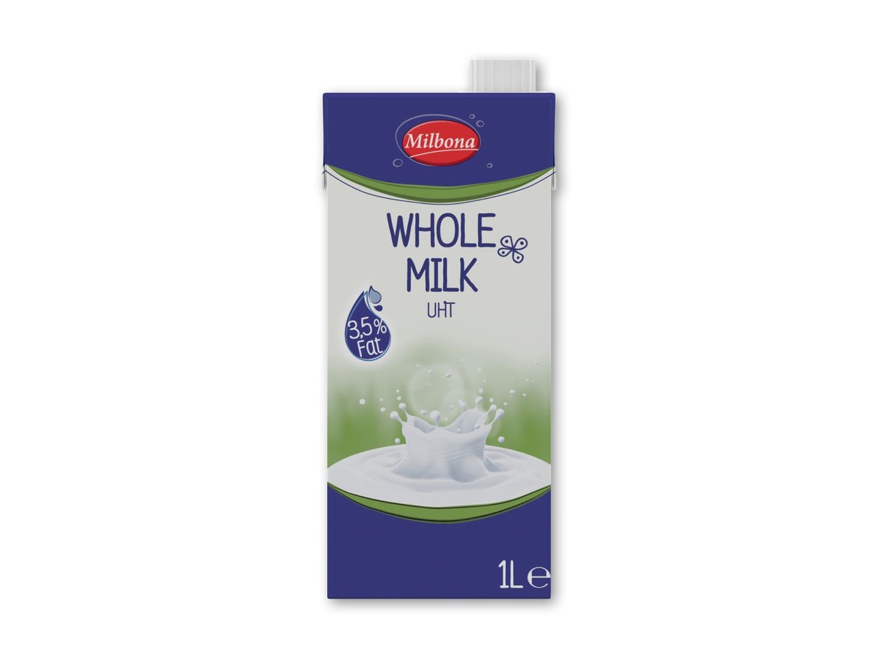 En karton sødmælk med 3,5% fedt og teksten 'WHOLE MILK UHT 1Le'.