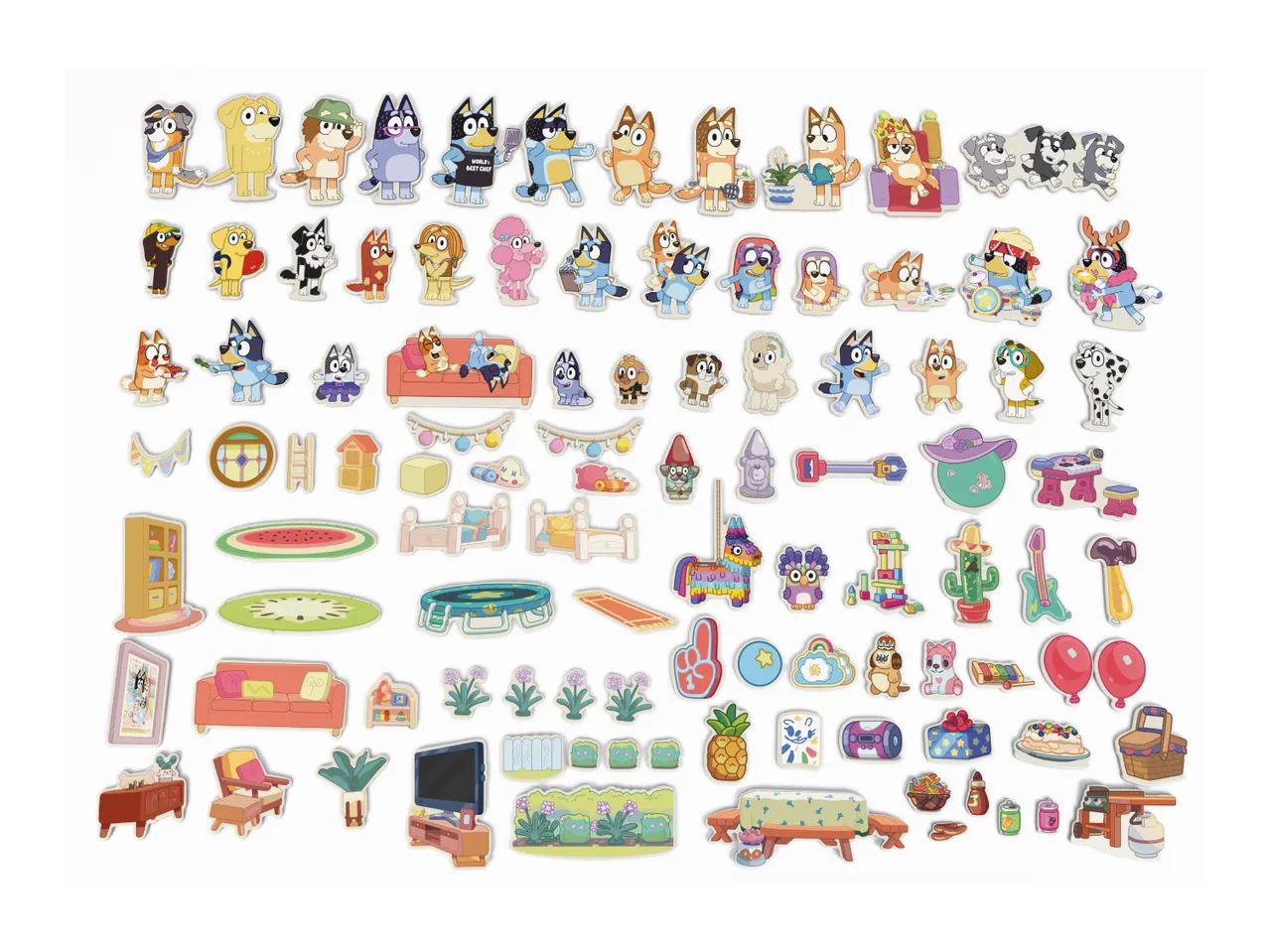 A collection of colorful cartoon dog characters and various household items, furniture, and outdoor accessories.
