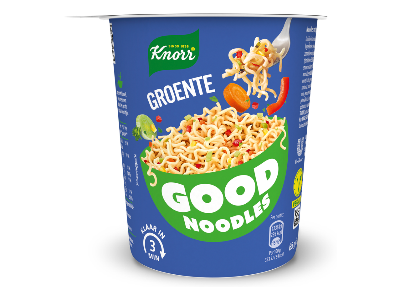 Een beker instant noedels met groentesmaak, klaar in 3 minuten.