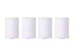 Four white cylindrical lampshades.