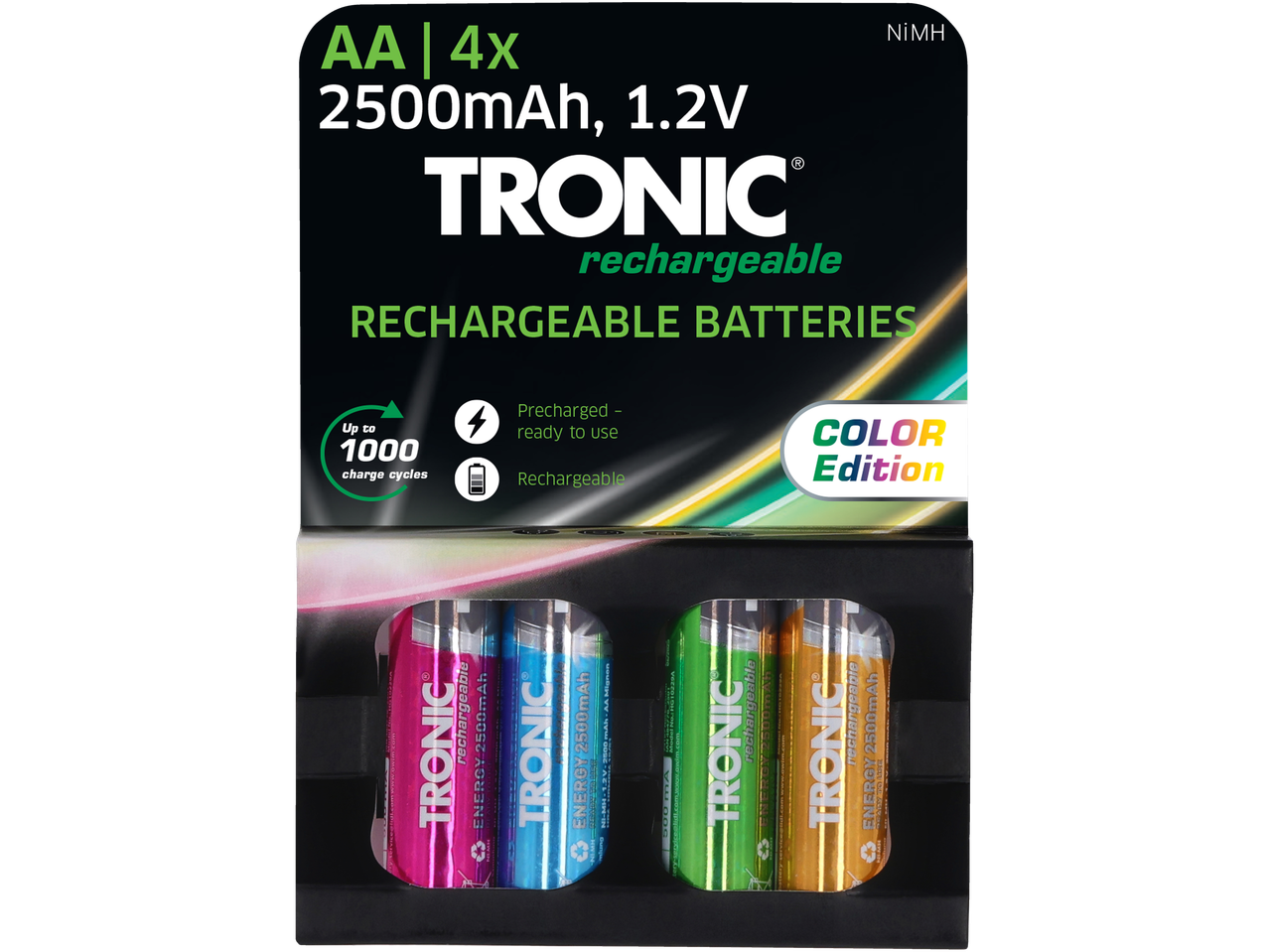 Vier Tronic AA 2500mAh, 1.2V NiMH oplaadbare batterijen in een Color Edition verpakking.