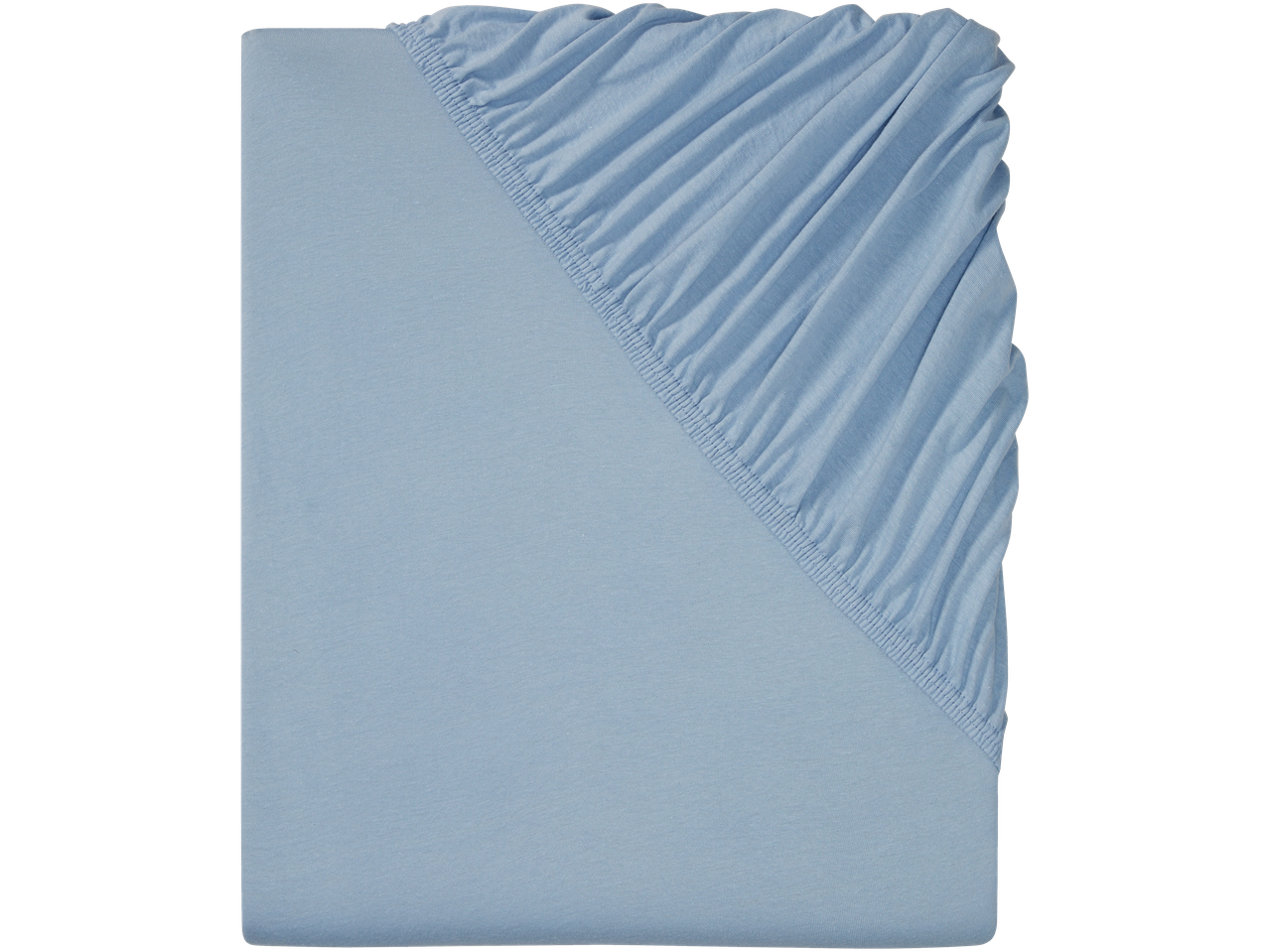 Light blue fitted sheet and mattress protector.