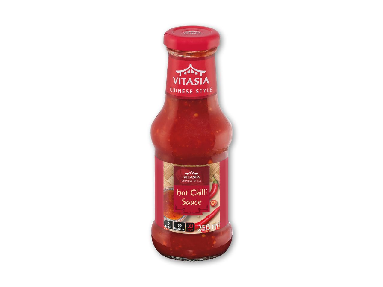 Varm chilisauce i kinesisk stil med mærkning for mild, medium og stærk.