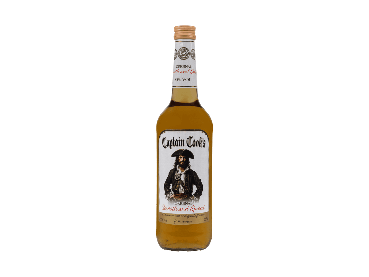 Flasche Captain Cook's Original Smooth and Spiced Rum auf schwarzem Hintergrund.