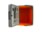 Open portable electric cool box with an orange interior and grey exterior.