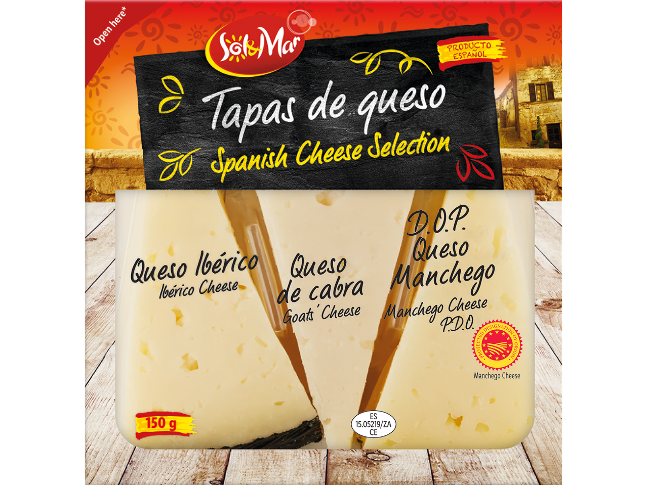 Förpackning med spansk ost, inklusive Ibérico, getost och Manchego, 150 g.