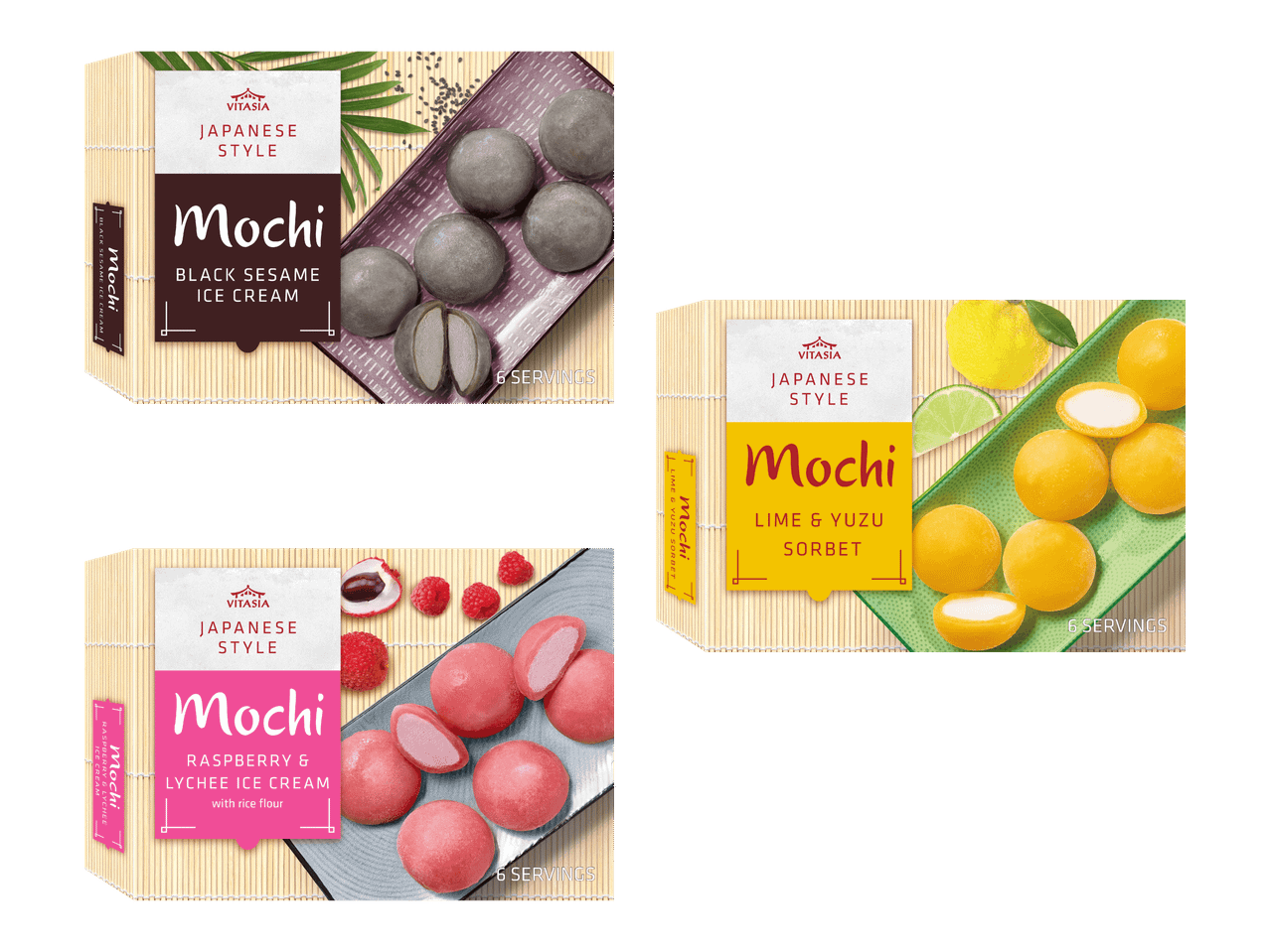Kolme pakkausta japanilaistyylistä mochia: mustaseesami, vadelma-lychee ja lime-yuzu.