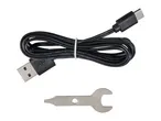 A black USB-A to USB-C cable and a small metal wrench.