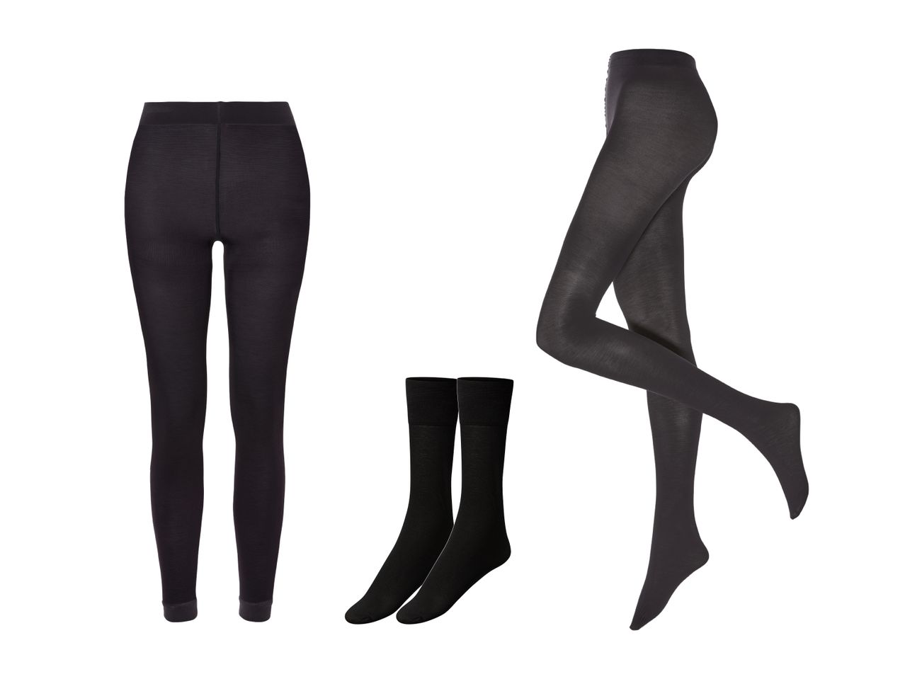Schwarze Strümpfe, Leggings und Socken.