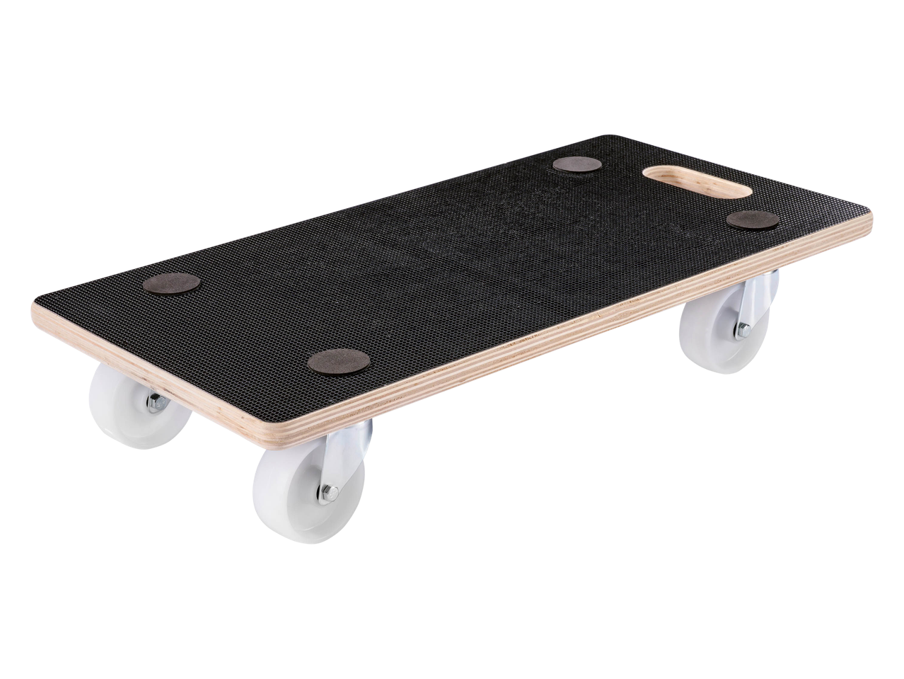 Wooden furniture dolly with black anti-slip surface and four white wheels.