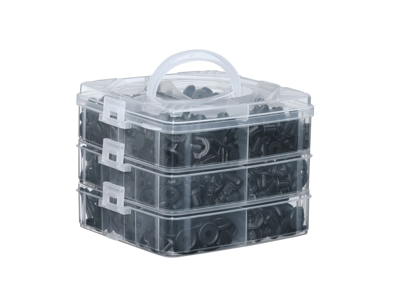 A clear plastic storage container filled with black push pins.