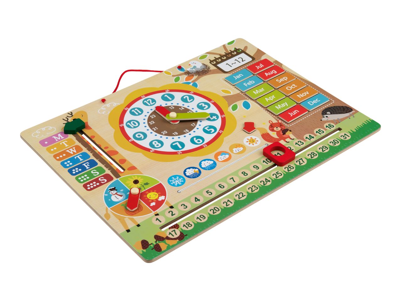 A wooden educational calendar and clock toy with various interactive elements.