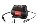 Portable 12V car air compressor with pressure gauge, power cable, and nozzle adapters