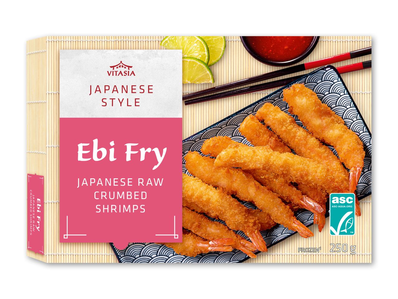 Pakke med japansk stil Ebi Fry rå panerede rejer, serveret med lime og dip.