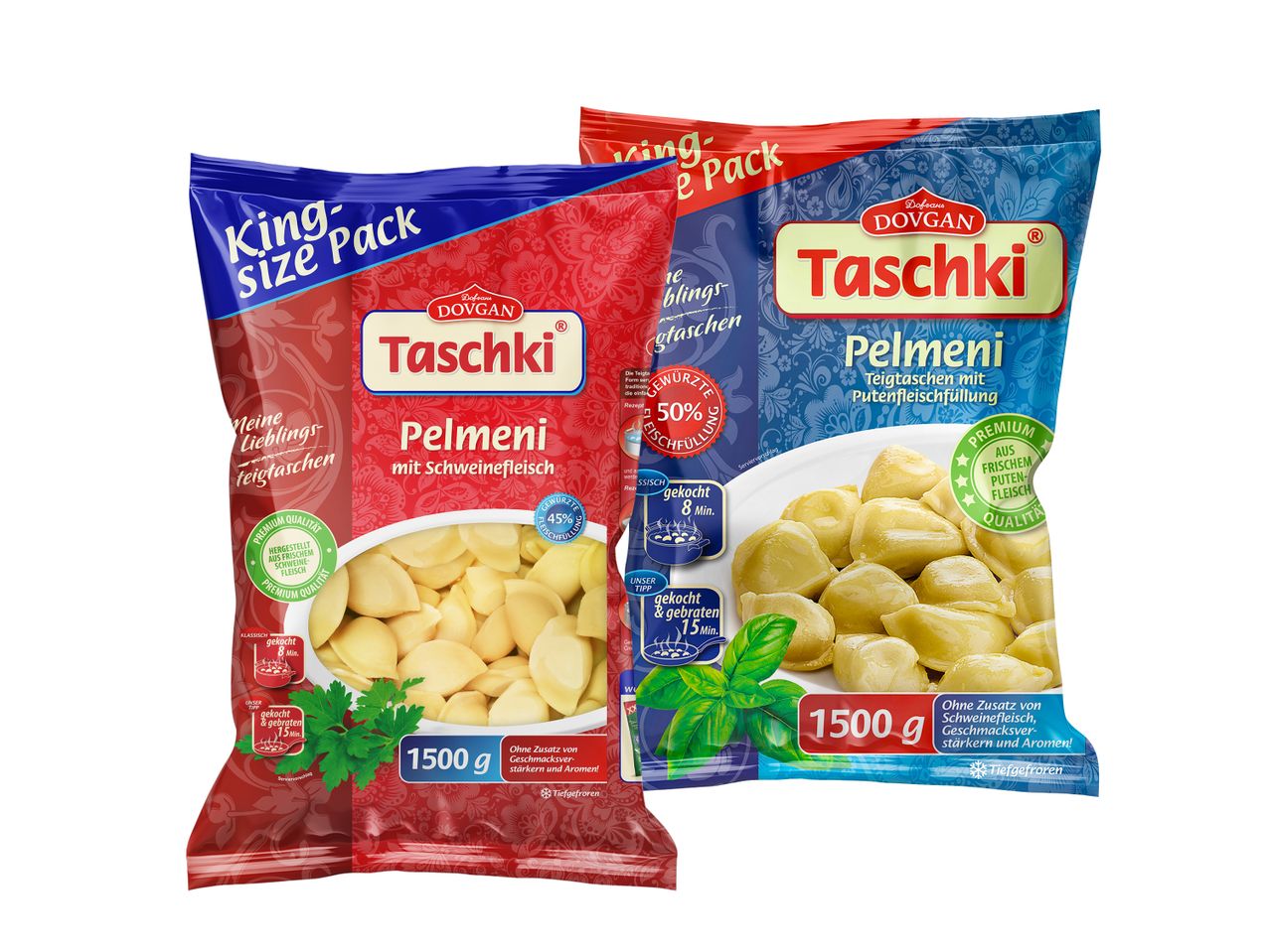 Zwei Packungen Dovgan Taschki Pelmeni, eine mit Schweinefleisch, die andere mit Putenfleisch.