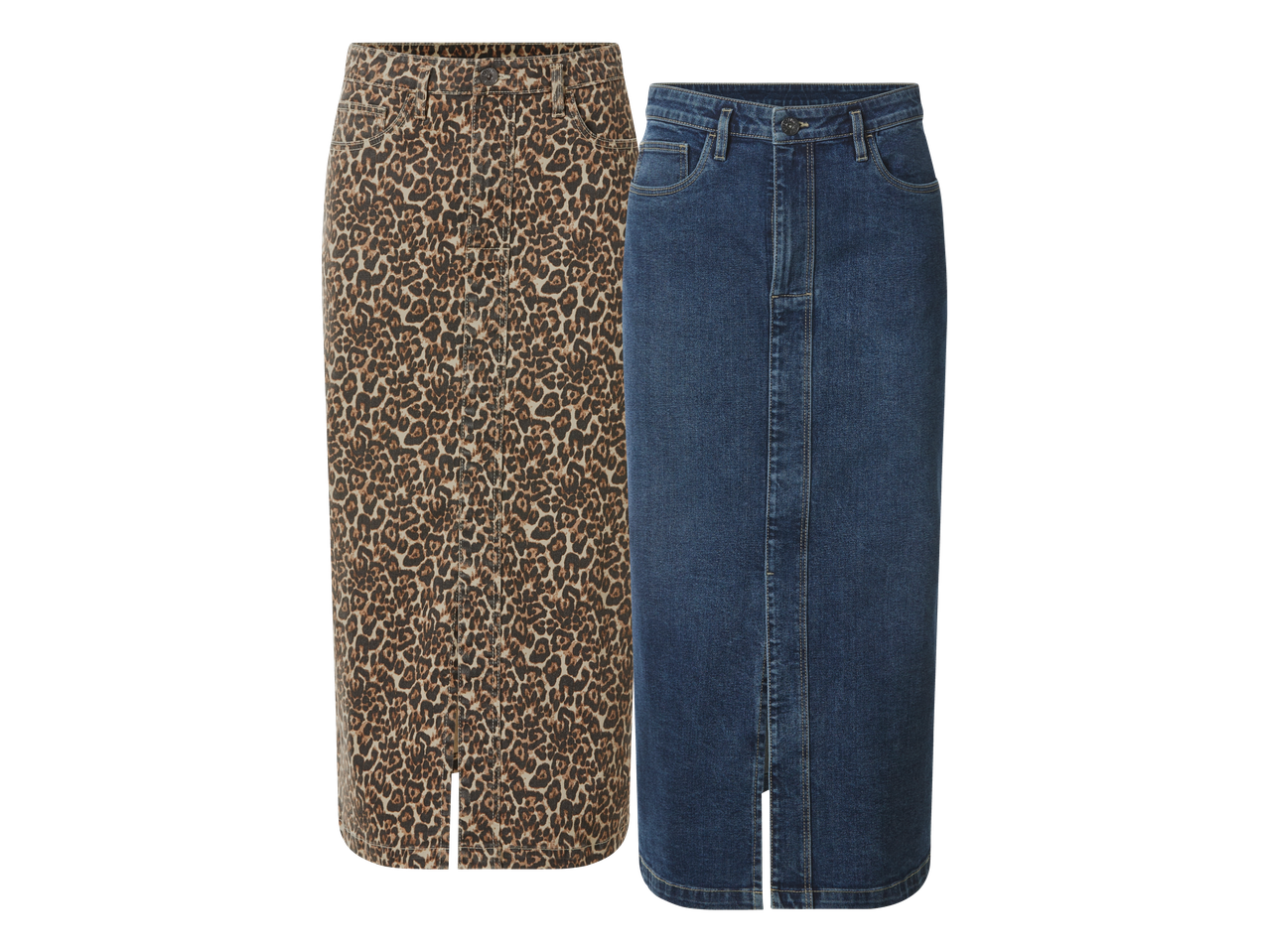 Dvije duge suknje: jedna s leopard uzorkom i jedna traper suknja.