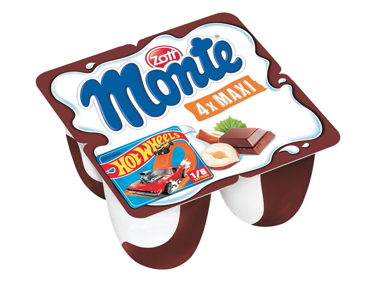 Štiri pakiranja čokoladnega jogurta Monte Zott s sličicami Hot Wheels.