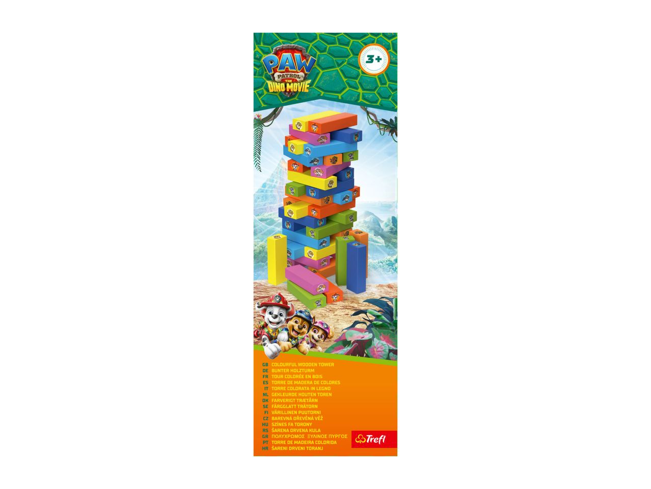Colorful wooden tower game featuring characters from a popular animated movie, suitable for ages 3+.