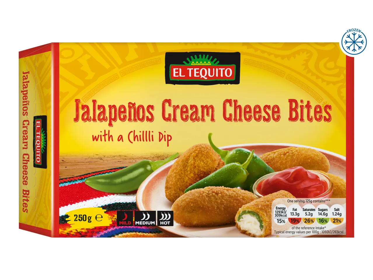 El Mexicano Jalapeños Cream Cheese Bites with a chili dip, frozen food packaging.