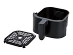 Black air fryer basket with a removable crisper plate.