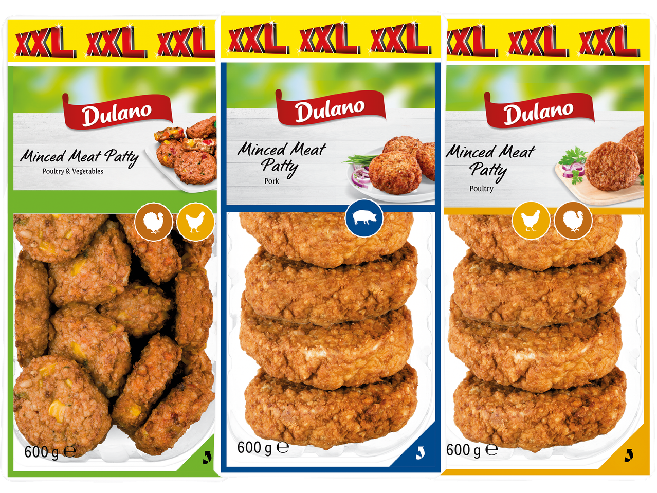 Dulanos XXL-färsbiffar i tre varianter: kyckling & grönsaker, fläsk och kyckling.