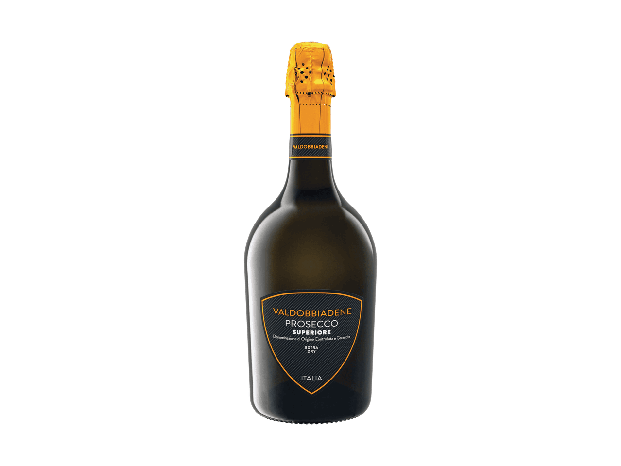 Bottiglia di Prosecco Valdobbiadene Superiore Extra Dry, con etichetta nera e oro.