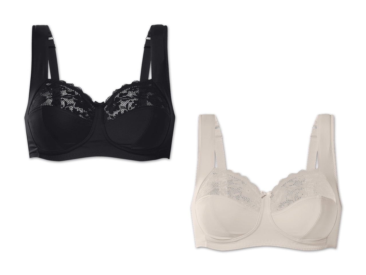 Zwei Büstenhalter, einer in Schwarz und einer in Beige, mit Spitzenbesatz.