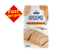 Hvedemelspakke med brødskiver og teksten 'Fast lav pris'.