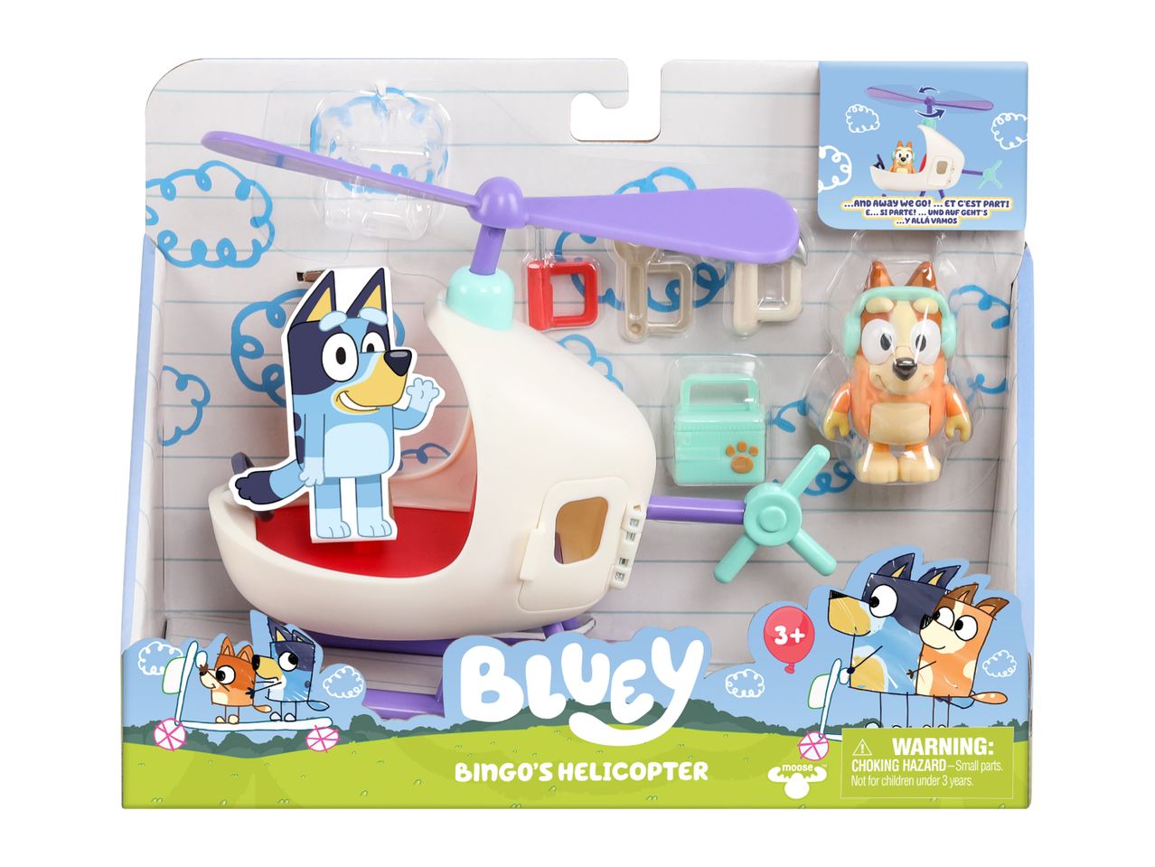 Bluey Bingo's Helicopter toy set with Bluey and Bingo figures, accessories, and packaging.