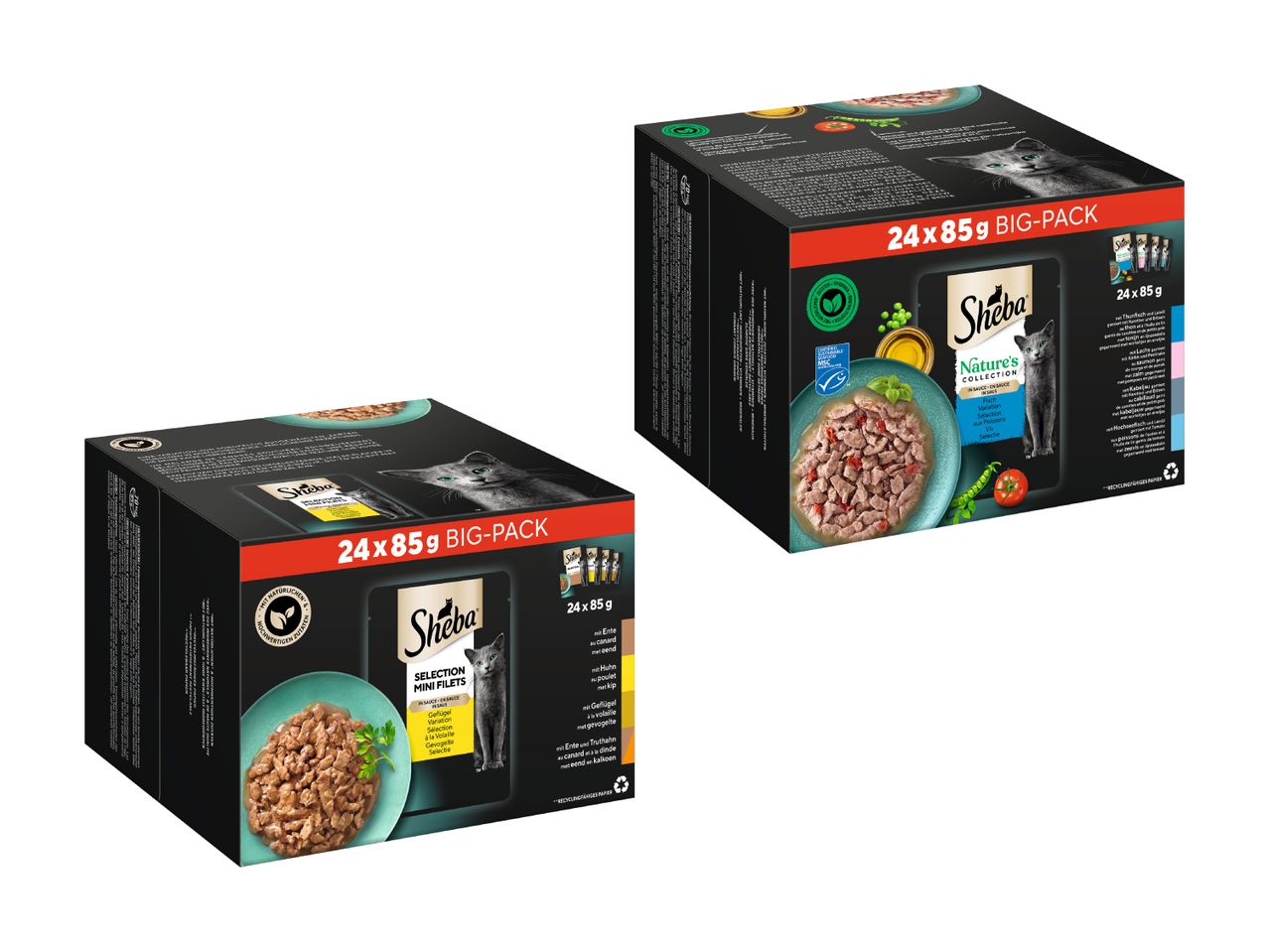 Deux boîtes de repas pour chats Whiskas.