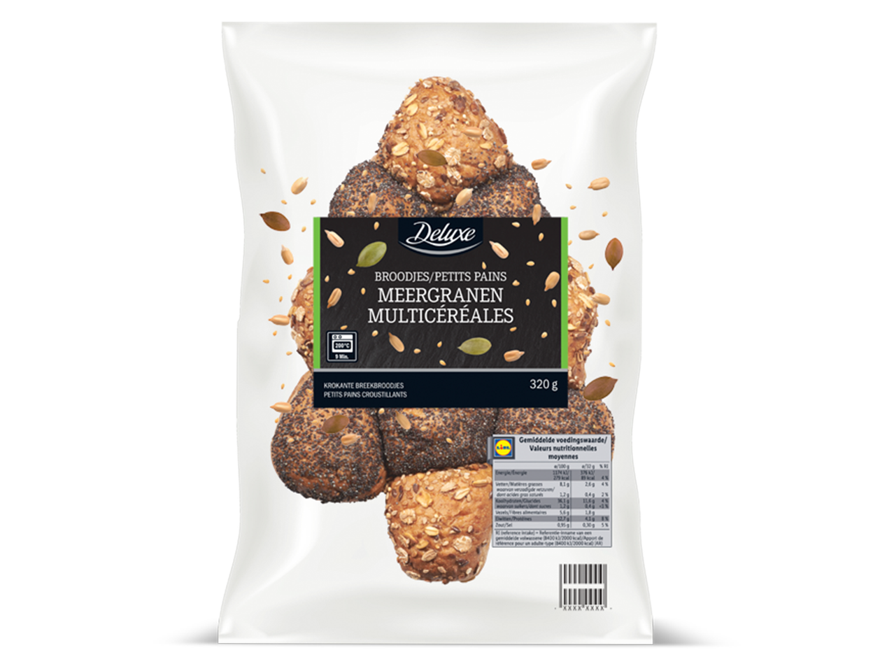 Lidl Deluxe meergranen multicéréales broodjes in een verpakking, 320g.