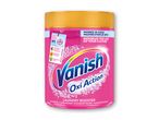 Vaskemiddel i en pink beholder med teksten 'Vanish Oxi Action Laundry Booster' og 'Works in cold washes even at 20°C!'