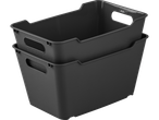 Two dark gray plastic storage bins stacked on top of each other.