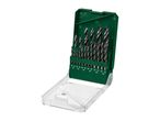 Drill bit set in a green and clear plastic case, with various sizes labeled.