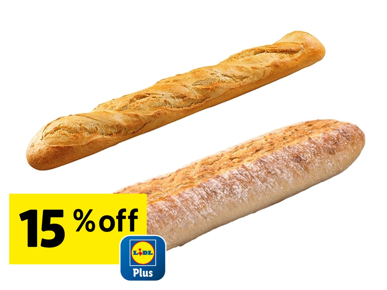 Lidl Plus offers 15% off two baguettes.