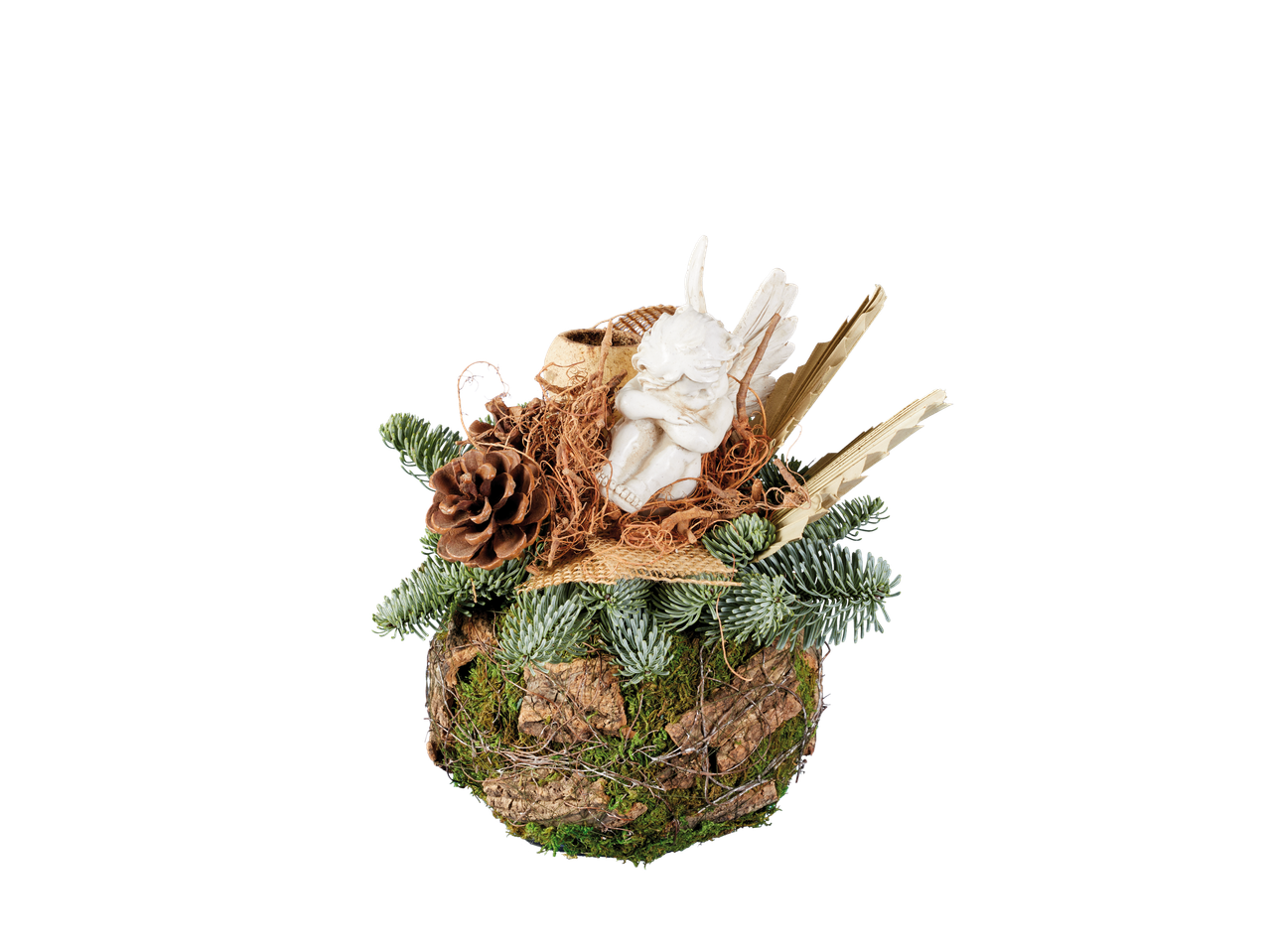 Christmas arrangement with angel, pine cones, and fir branches.