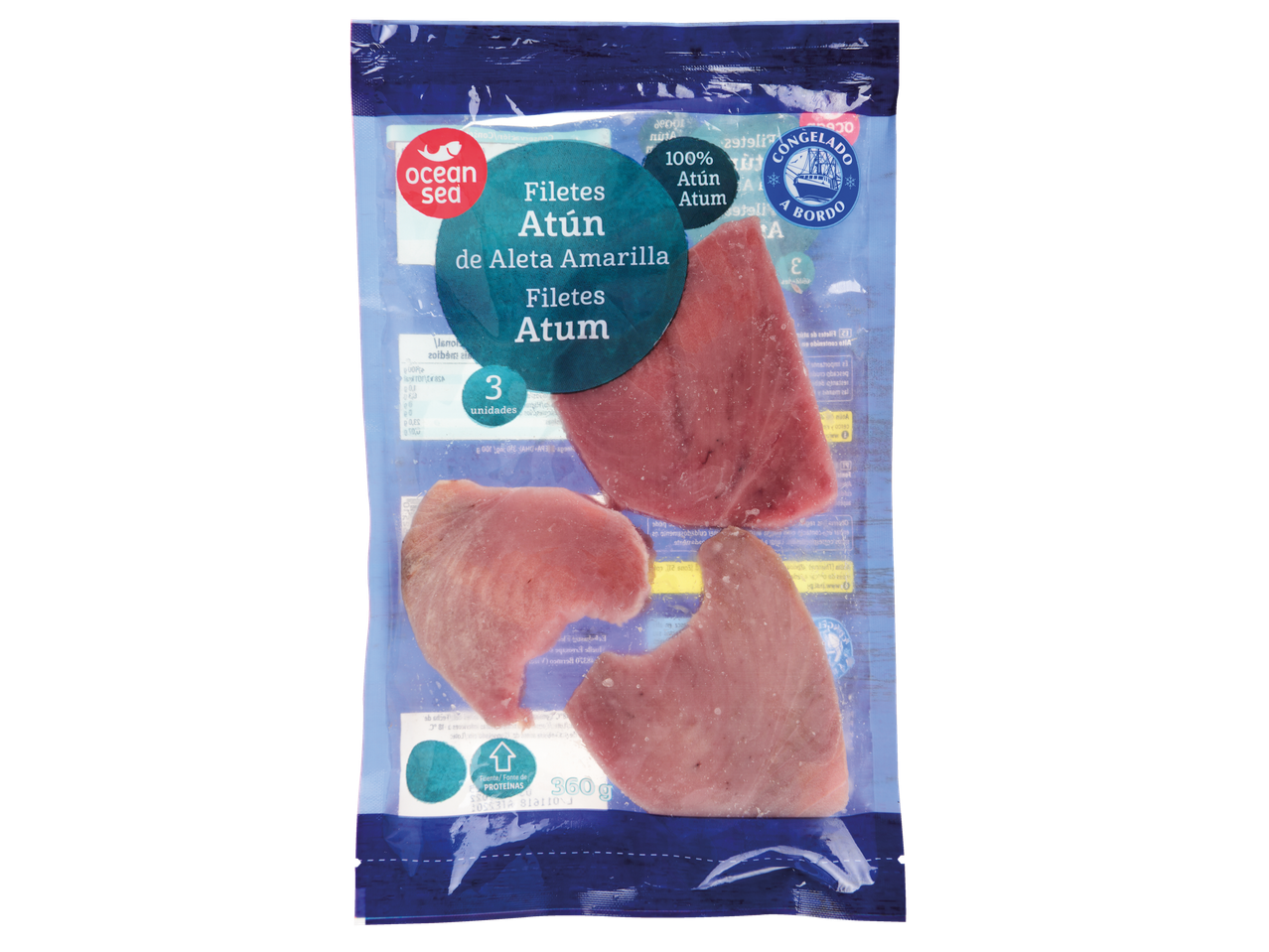 Filetes de atum congelados da Ocean Sea, com 3 unidades e 360g.