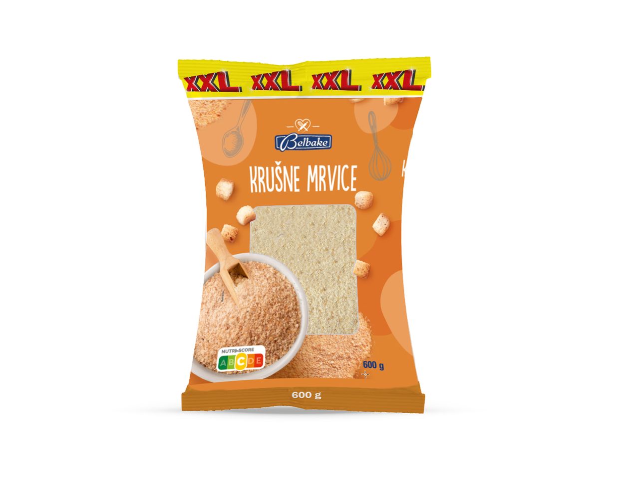 Belbake krušne mrvice u narančastom pakiranju s oznakom XXL i Nutri-Score.