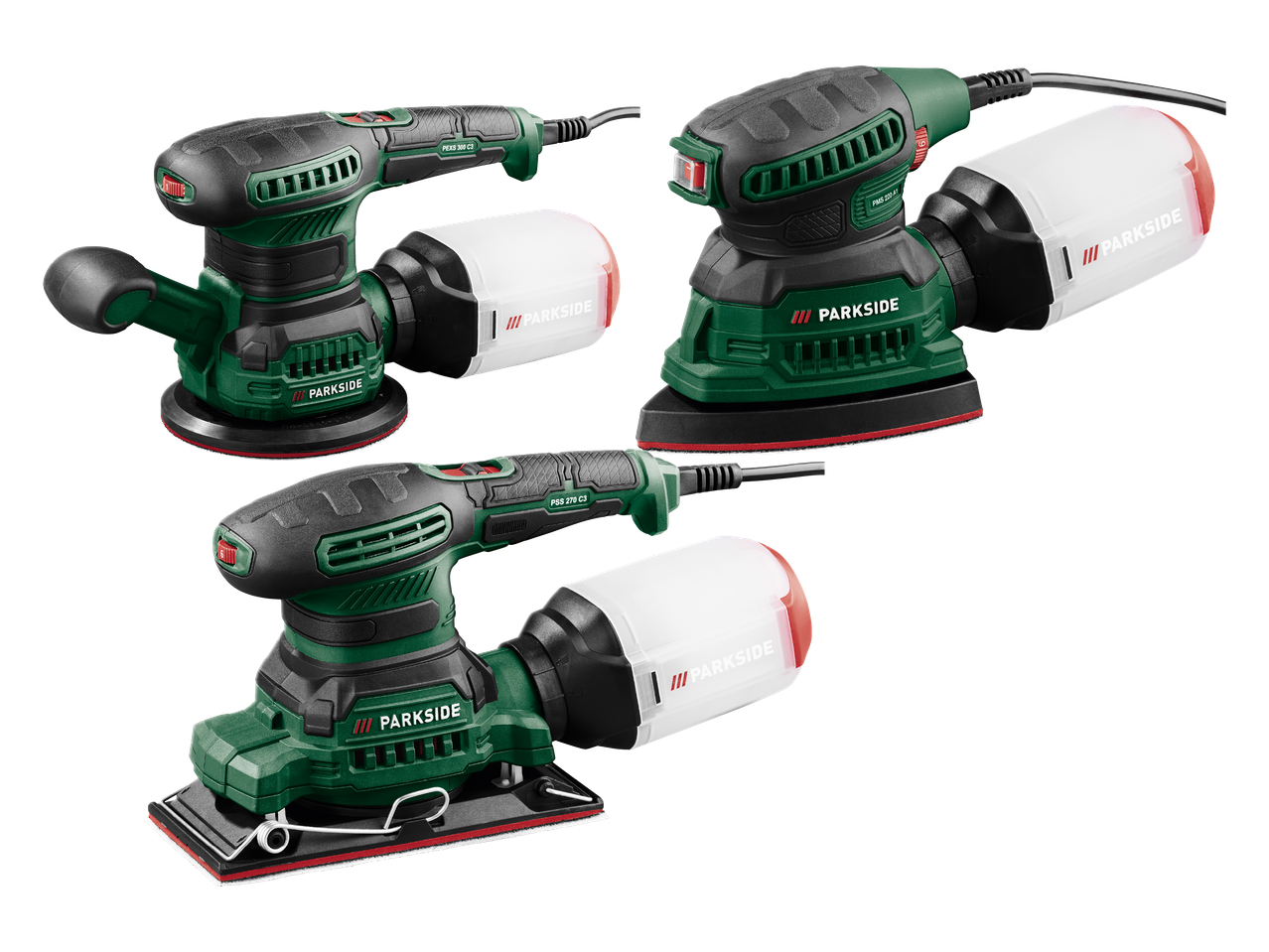 Tri brusilice različitih modela, uključujući orbitalnu, vibracijsku i delta brusilicu, sakupljač prašine.