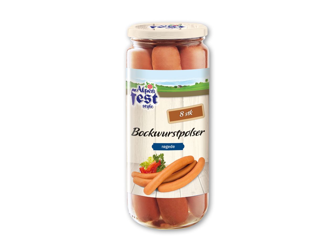 Glas med 8 røgede bockwurstpølser, med et landskabsmotiv og teksten 'Alpen Fest style'.