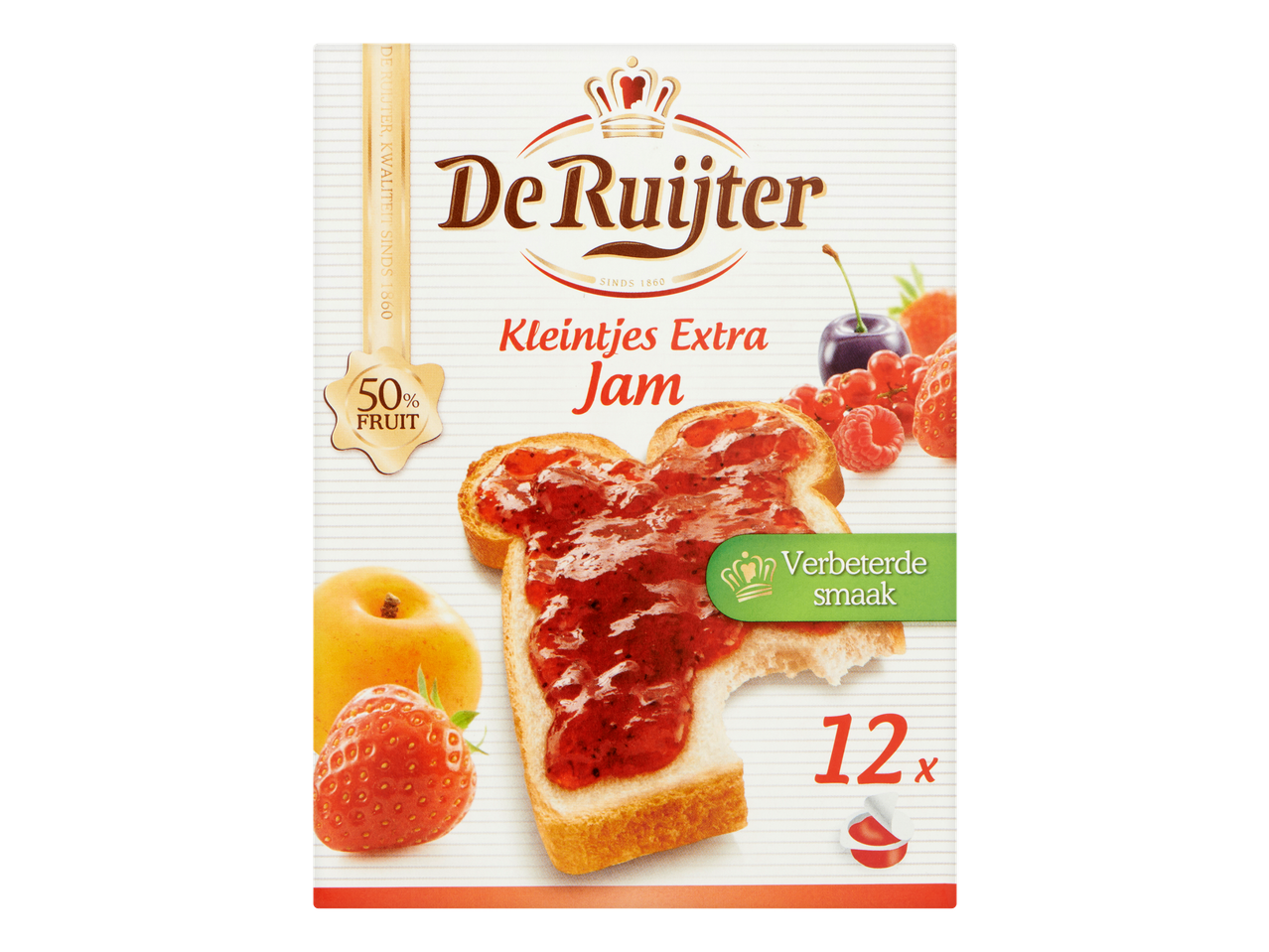 Verpakking met 12 porties jam, met 50% fruit, afgebeeld op een boterham met fruit.