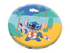 Stitch on a beach with ice cream, camera, and surfboard, surrounded by palm trees.