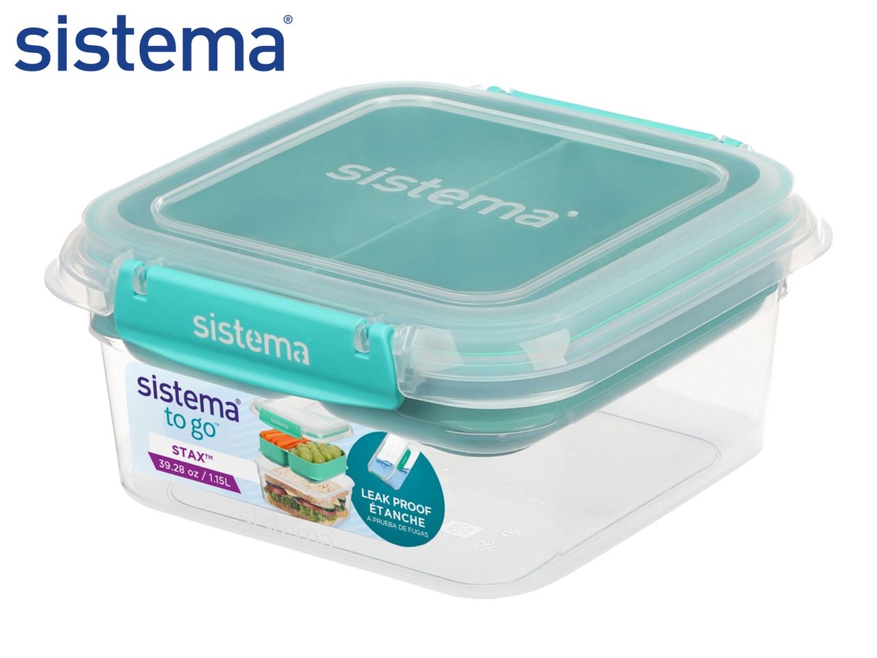 A clear food storage container with a teal lid, divided tray, and secure side clips.