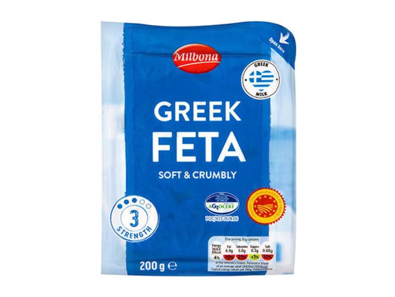 Packaging for Greek Feta cheese, soft and crumbly, with a strength rating of 3.