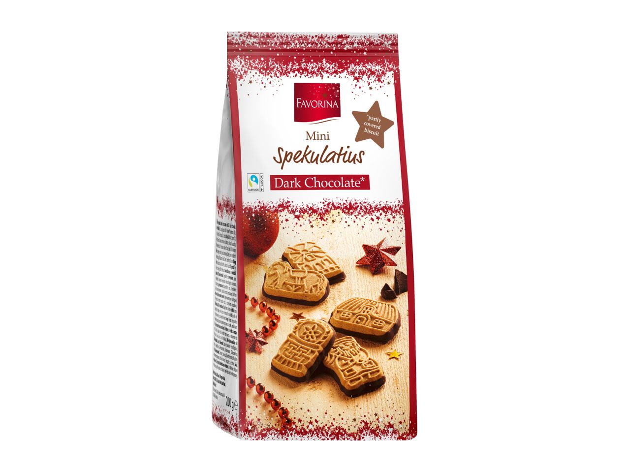 Favorina Mini Spekulatius Dark Chocolate biscuits in a festive red and white bag.