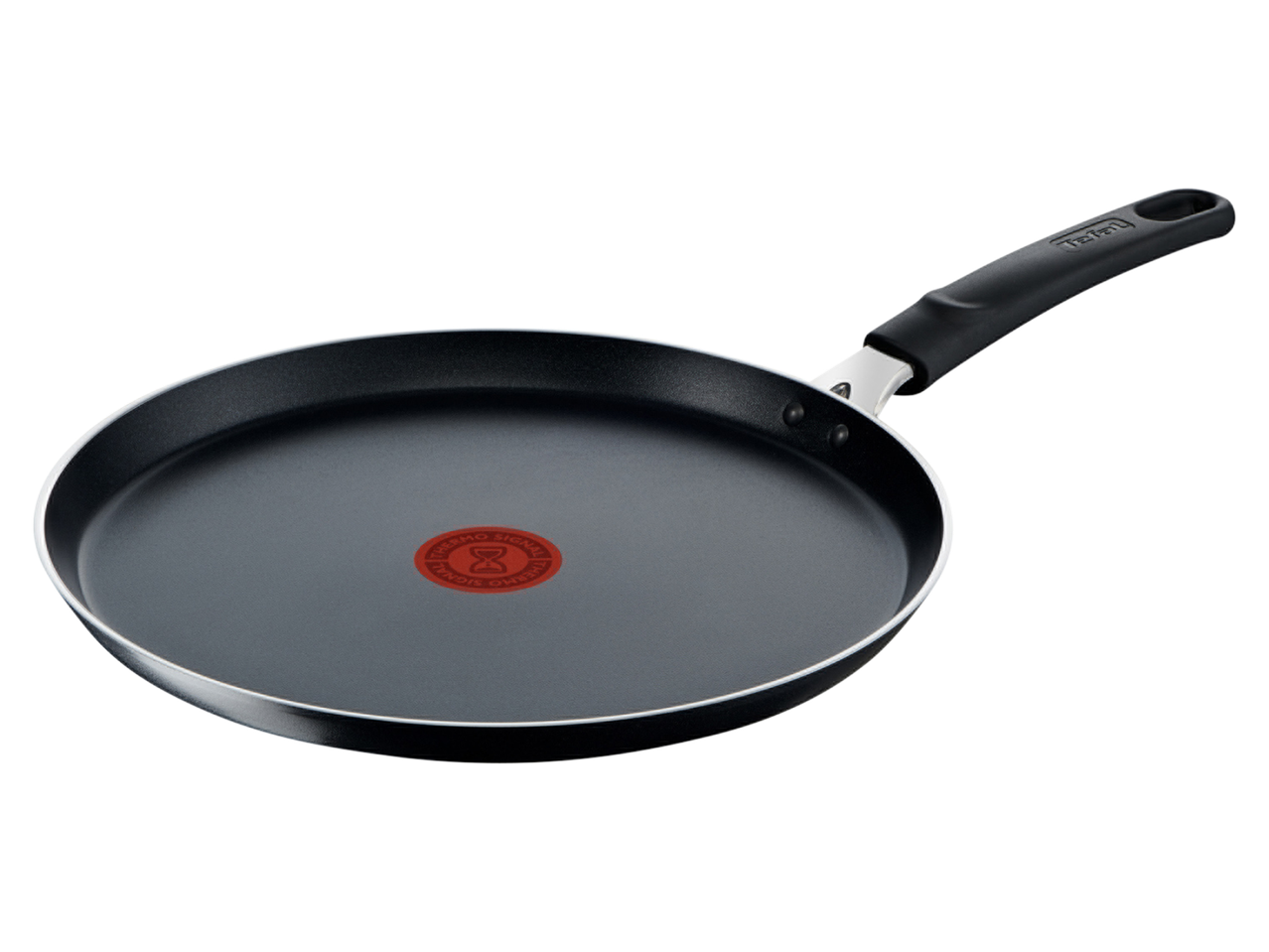 Fekete palacsintasütő serpenyő piros hőmérsékletjelzővel a közepén.