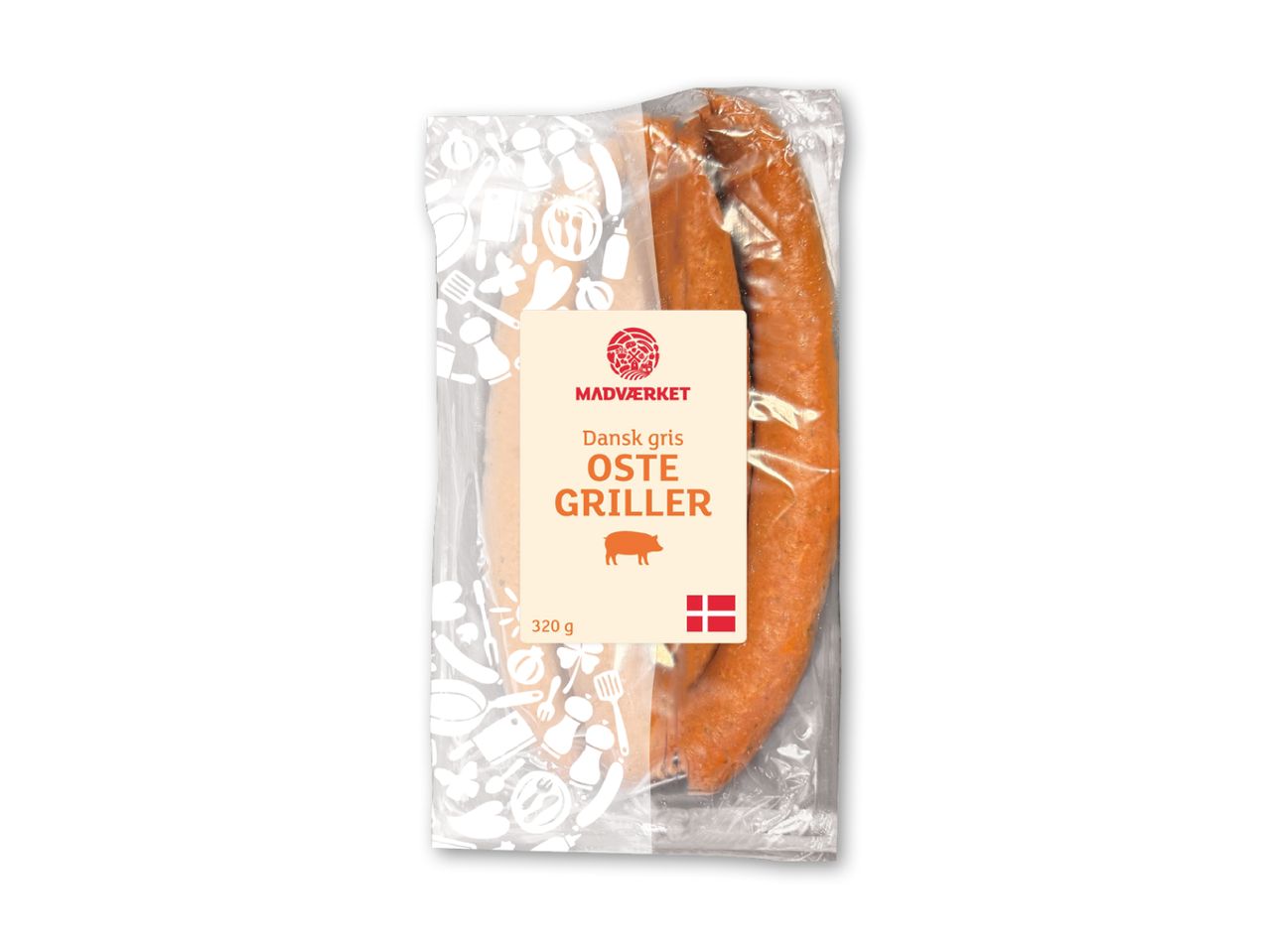 Pakkede danske oste grillpølser (320g) med et mønster af køkkenredskaber.