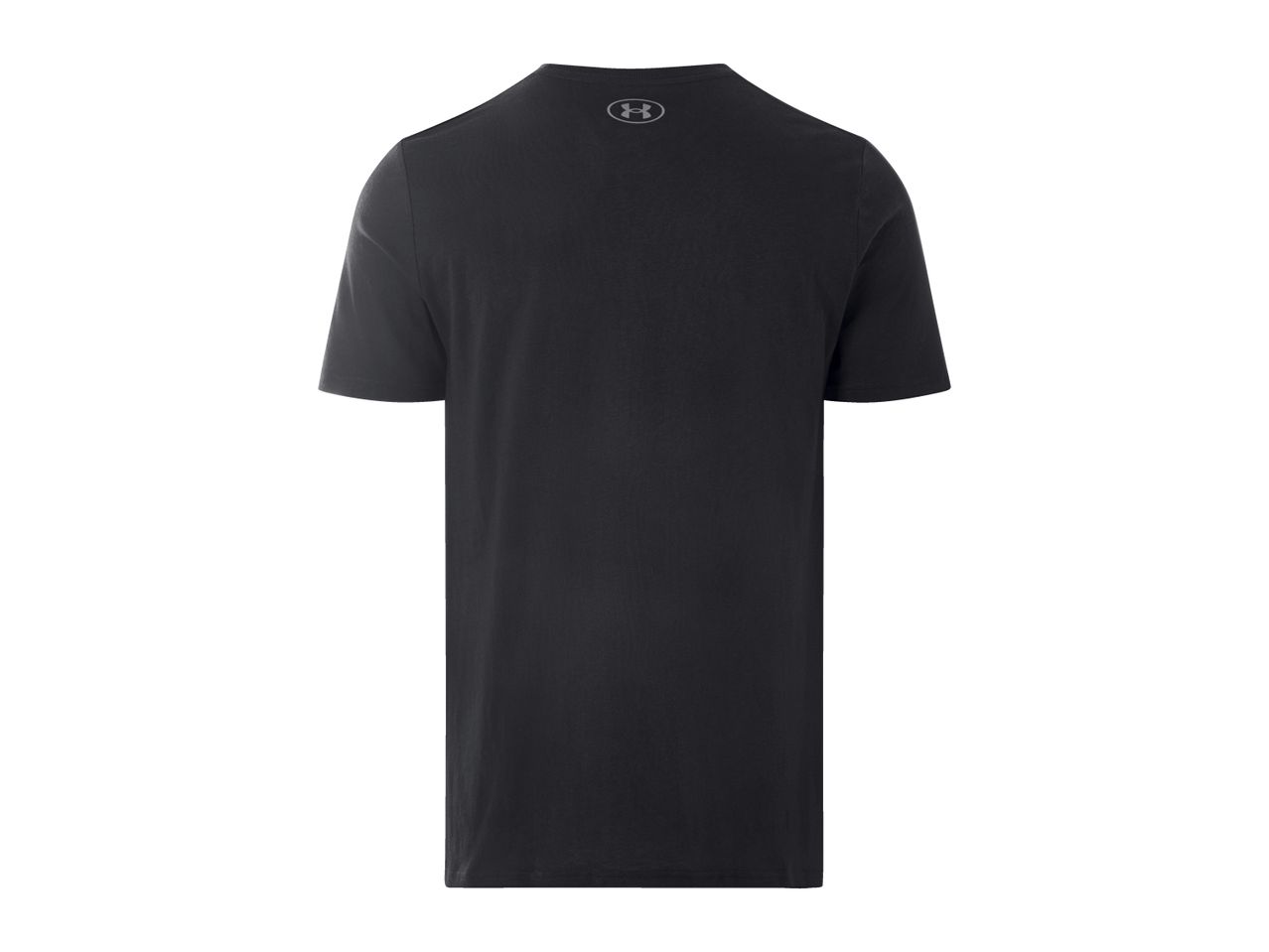Black short-sleeved t-shirt with a grey logo on the back of the neck.